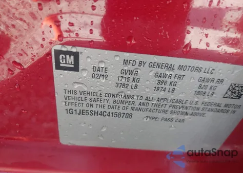 2012 Chevrolet Sonic 2Lz from USA, damaged, VIN 1G1JE5SH4C4158708